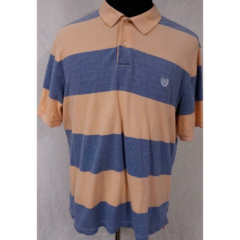 Chaps Natural Stretch Mens XL orange Blue Striped Short Sleeve Logo Polo Shirt
